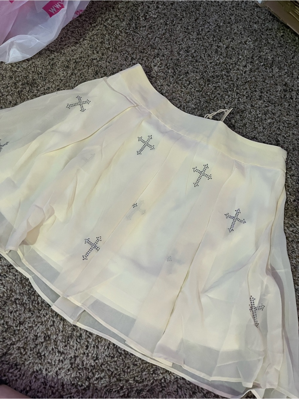 Cream Pleated Skater Skirt with Crystal Cross Accents